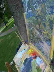 After tiring himself barking at passersby and squirrels, my dog Chester happily rested next to me as I painted. Painting at Loring Park 8-4-2013